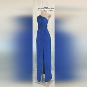 Soprano Navy One Shoulder Maxi Dress | Medium | Front Slit Elegant Evening Gown